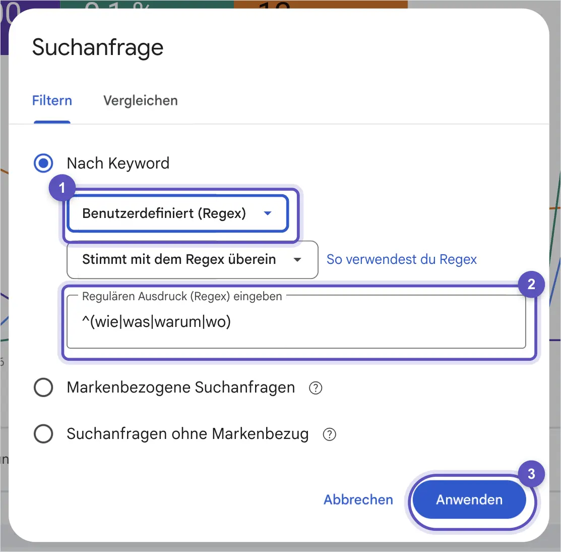 Filterdialog Suchanfrage in der Search Console mit der Auswahl Benutzerdefiniert (Regex) und dem Muster ^(wie|was|warum|wo).