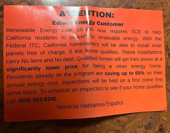 solar scam door to door notice sce