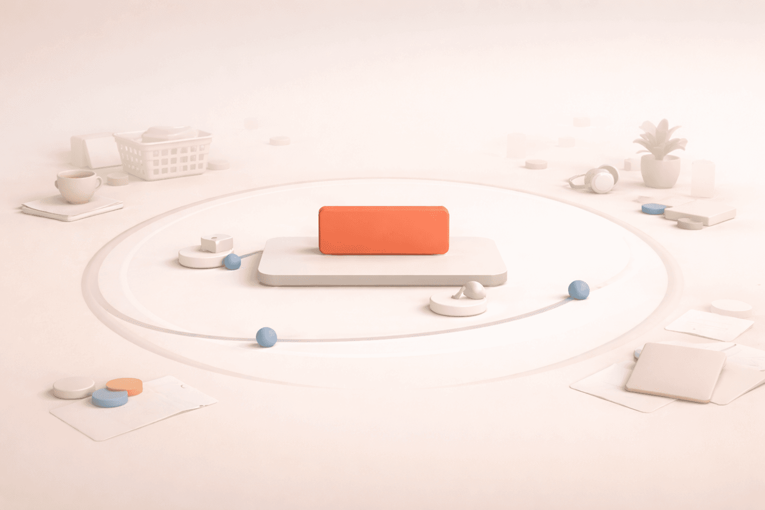 Minimalistische 3D-Illustration eines ruhigen Homeoffice-Arbeitsbereichs mit einer zentralen korallfarbenen Fokuskarte auf einer klaren Plattform, umgeben von dezenten, verblassenden Elementen wie Notizen, Haushaltsobjekten und kleinen Aufgabensymbolen, während ein strukturierter Pfad und ein Timer-Ring fokussiertes Arbeiten vom umgebenden Chaos abgrenzen.