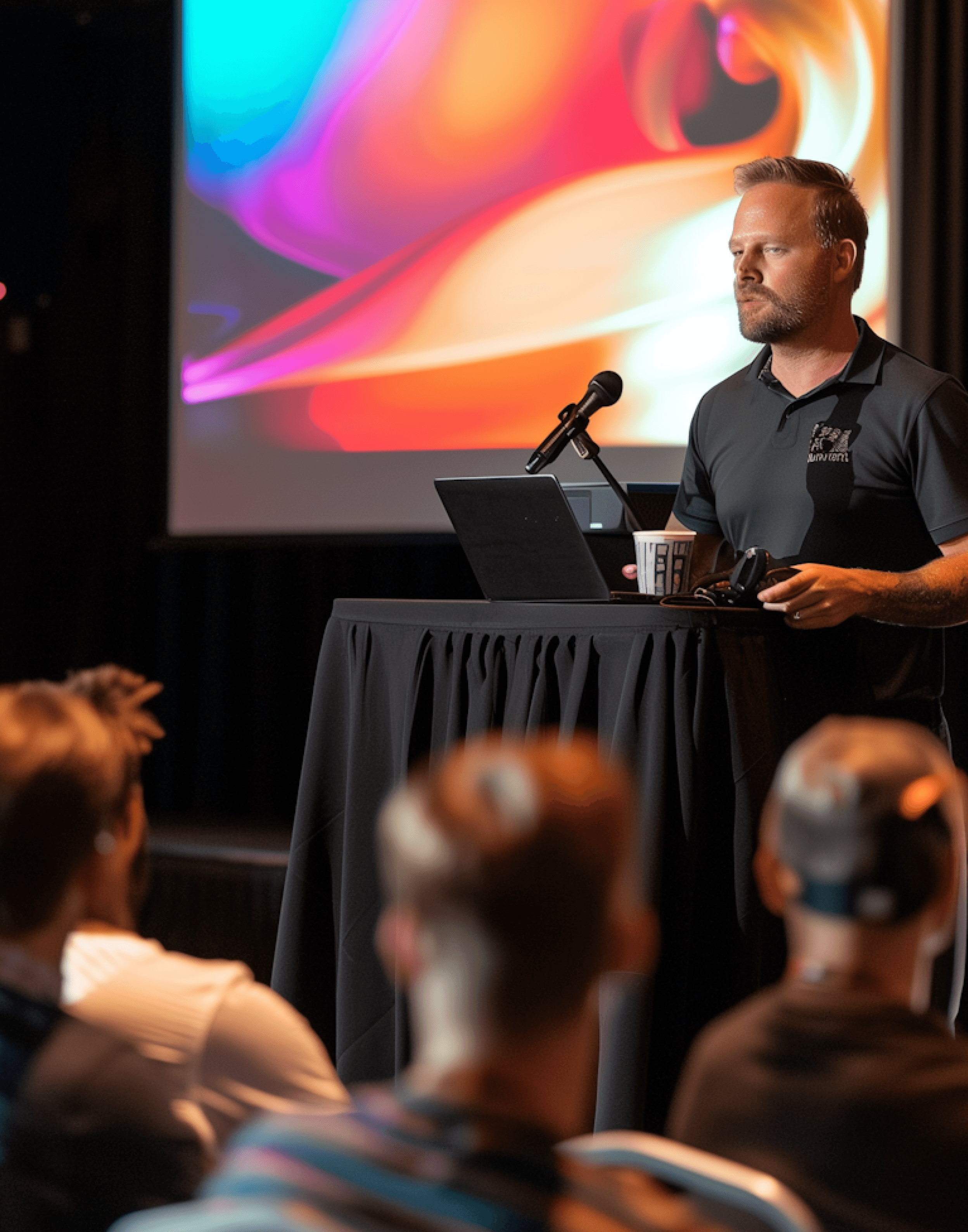 A speaker in a black polo shirt stands at a podium with a microphone, delivering a presentation to an audience, with a colorful abstract image displayed on a large screen behind him.