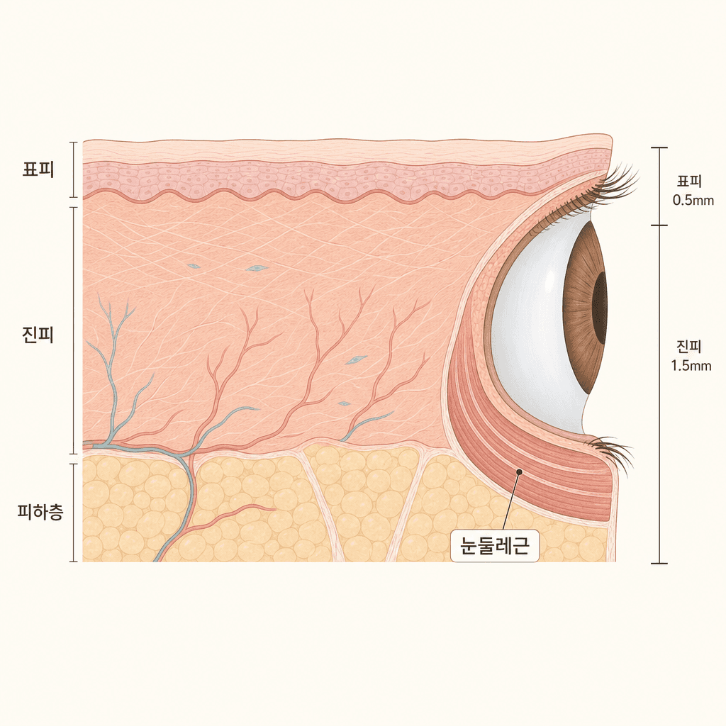눈가 피부층과 눈둘레근 위치 (단면도)