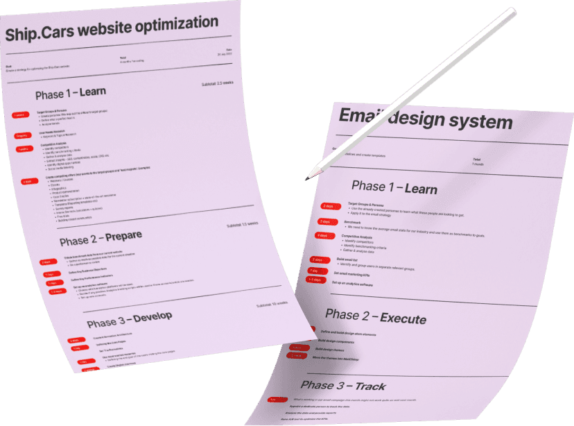 UX process documents showing phased workflow simplification across learn, prepare, and develop stages for Ship.Cars platform optimization