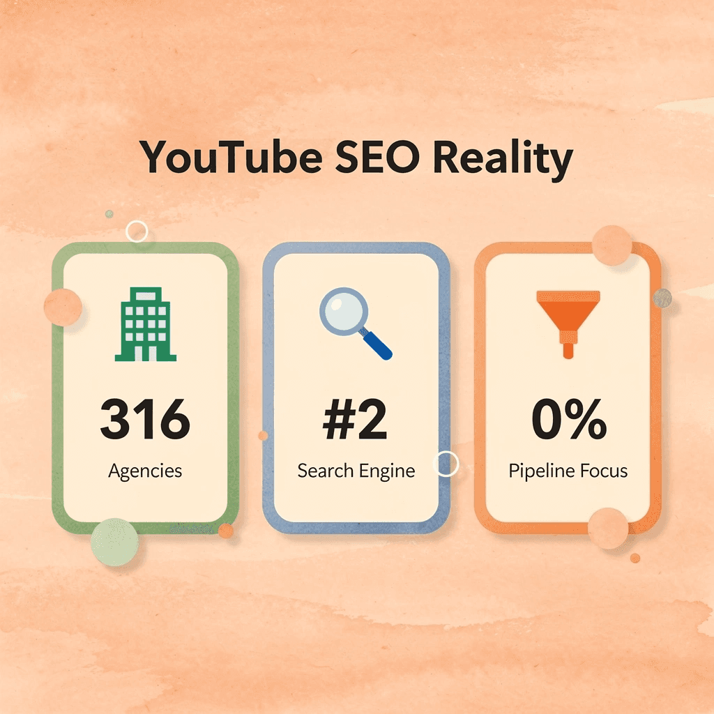 Statistics showing YouTube SEO landscape with 316 agencies, YouTube as #2 search engine, and lack of pipeline focus