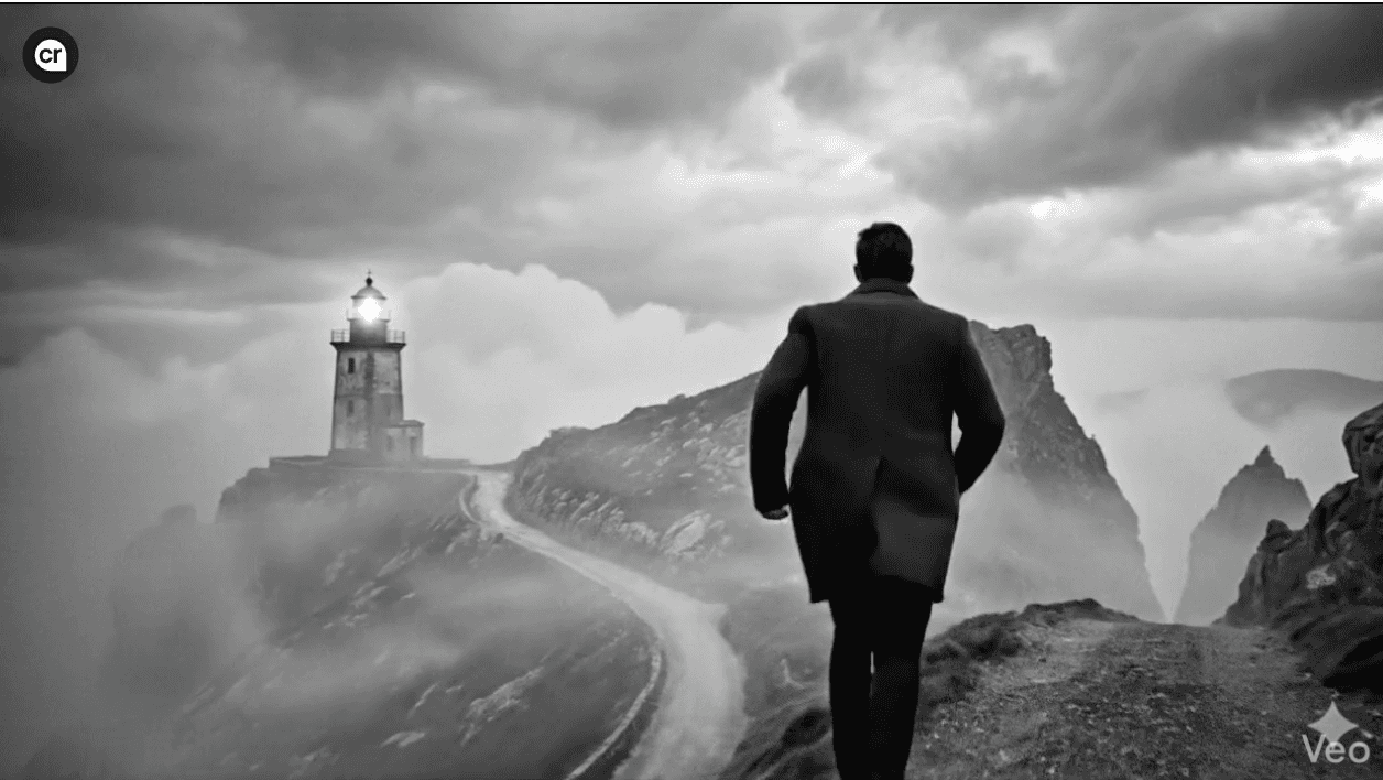 Silhouette d’un homme en costume marchant vers un phare sur une côte rocheuse brumeuse, en noir et blanc.