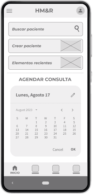 Maqueta de baja fidelidad (wireframes) de la aplicación HM&R para la fase inicial de investigación; se utiliza en la primera ronda de pruebas de usabilidad para validar la arquitectura de información y el flujo de navegación con usuarios reales.