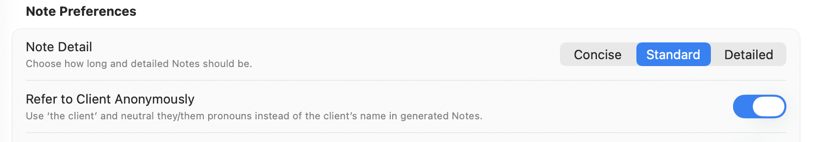 Note Preferences with Refer to Client Anonymously switched on; the switch is blue with its thumb on the right.