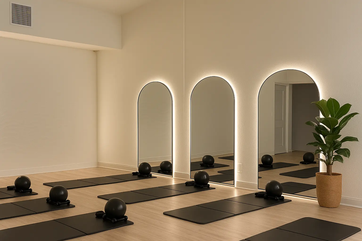 Pilates mat studio with natural light, wooden floor, and exercise mats neatly arranged.