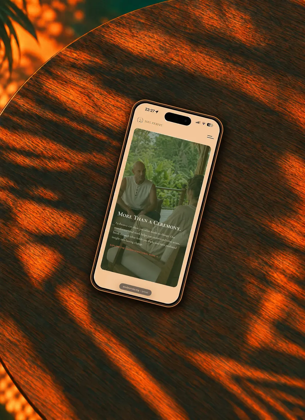 iPhone displaying the Soul Journey website on a dark wooden table with orange botanical shadows