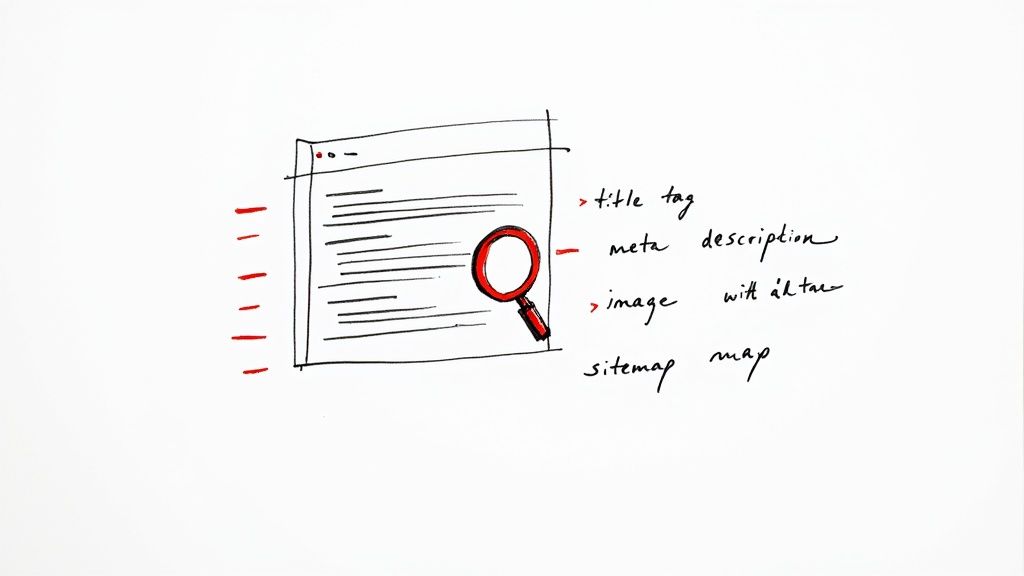 A magnifying glass hovering over a website, symbolizing SEO analysis and optimization.