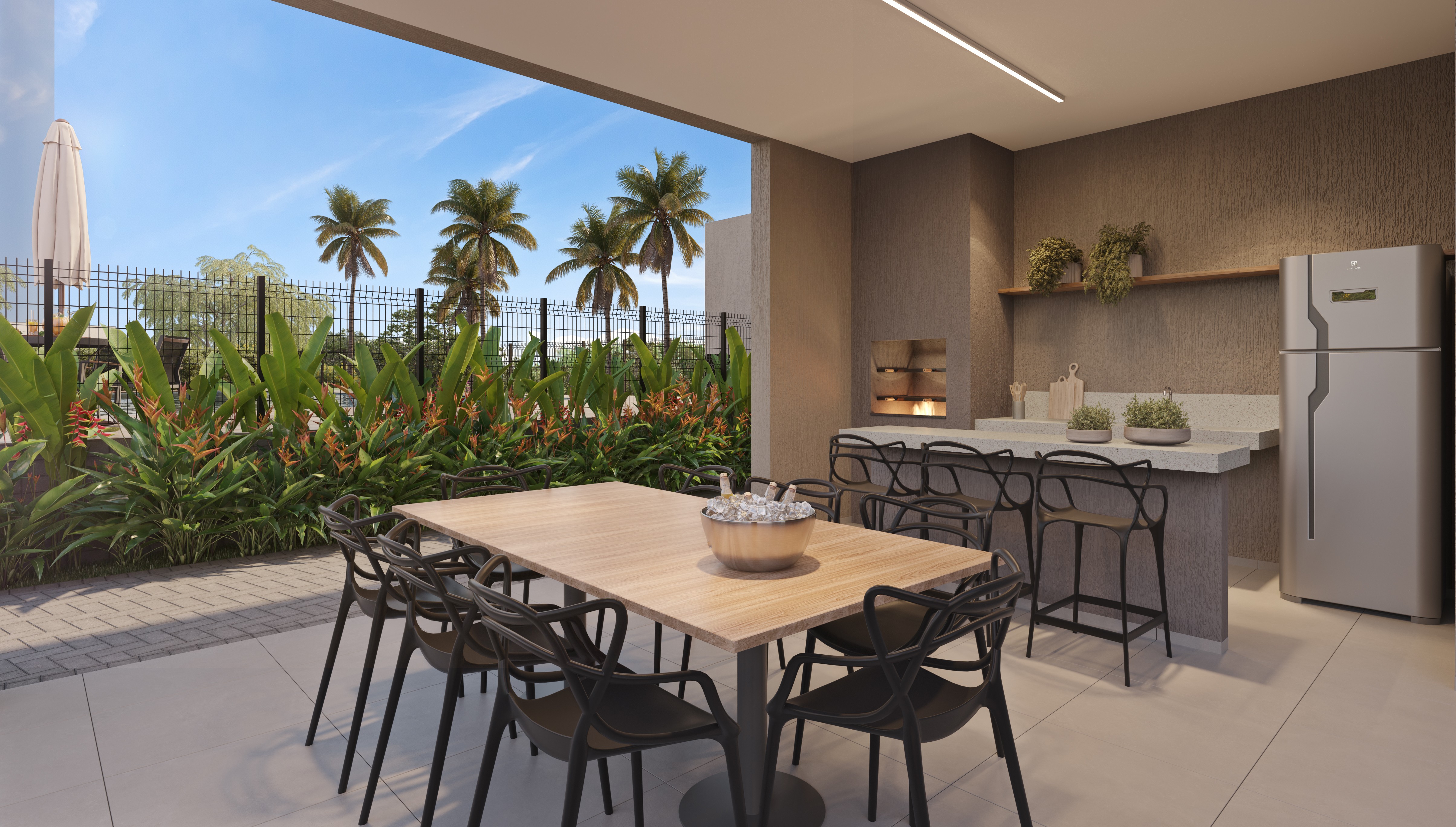 Curved modern skyscraper against a clear blue sky.