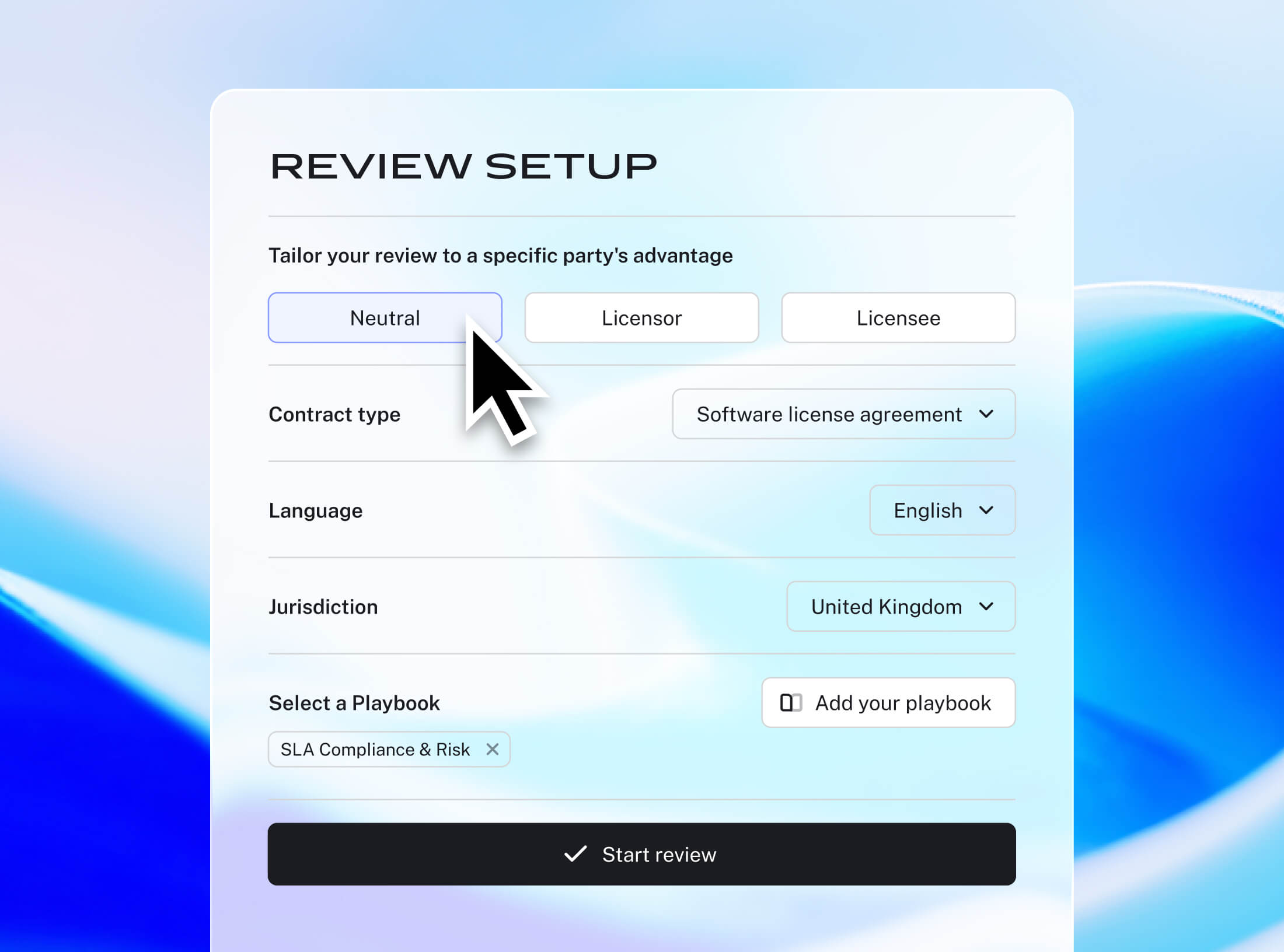 LEGALFLY setting up a contract review by selecting party, jurisdiction, and playbook