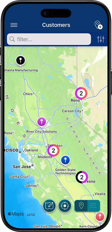 iPhone displaying the Gentmo app with a customer map