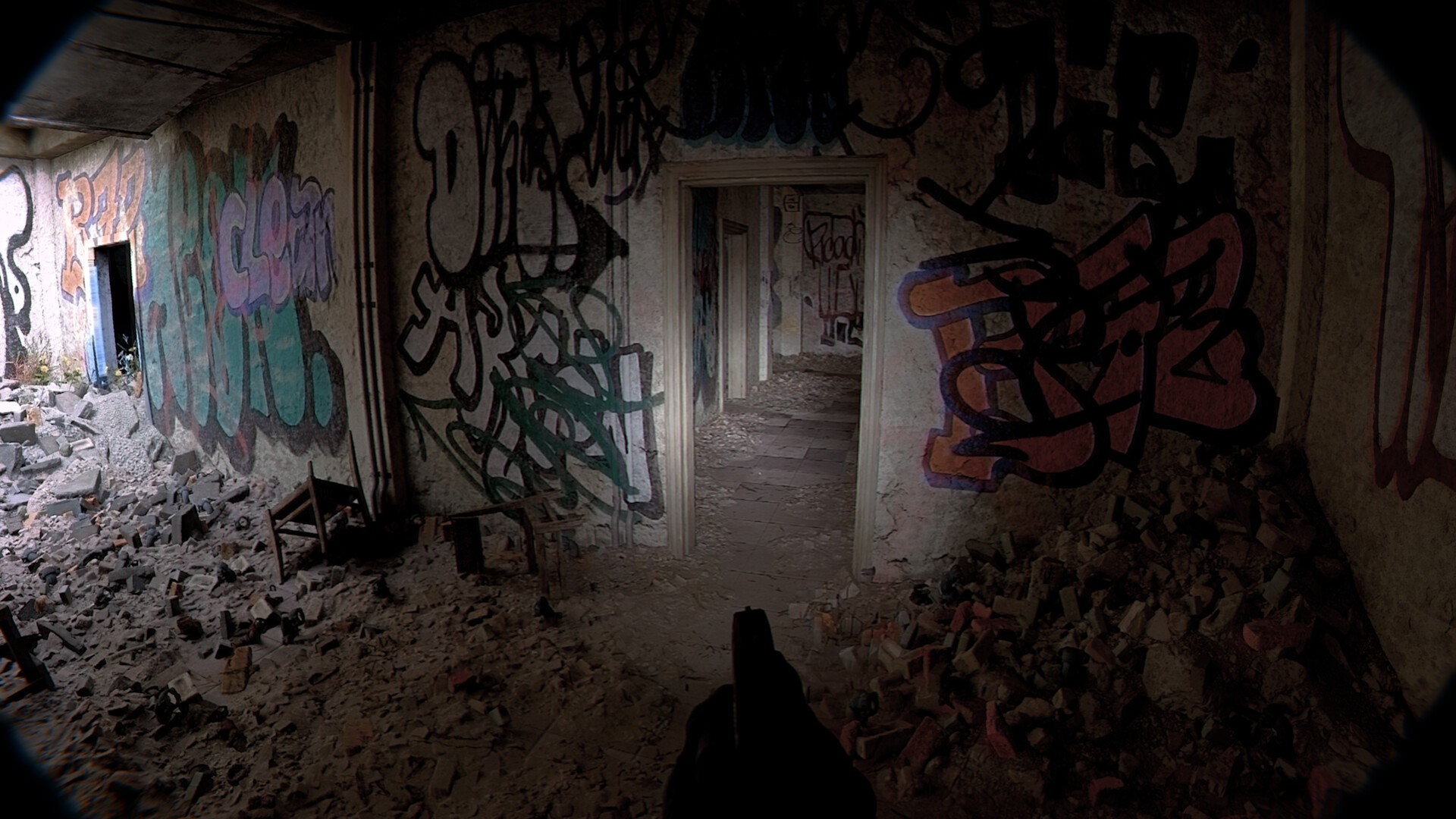 First person shooter in a building.
