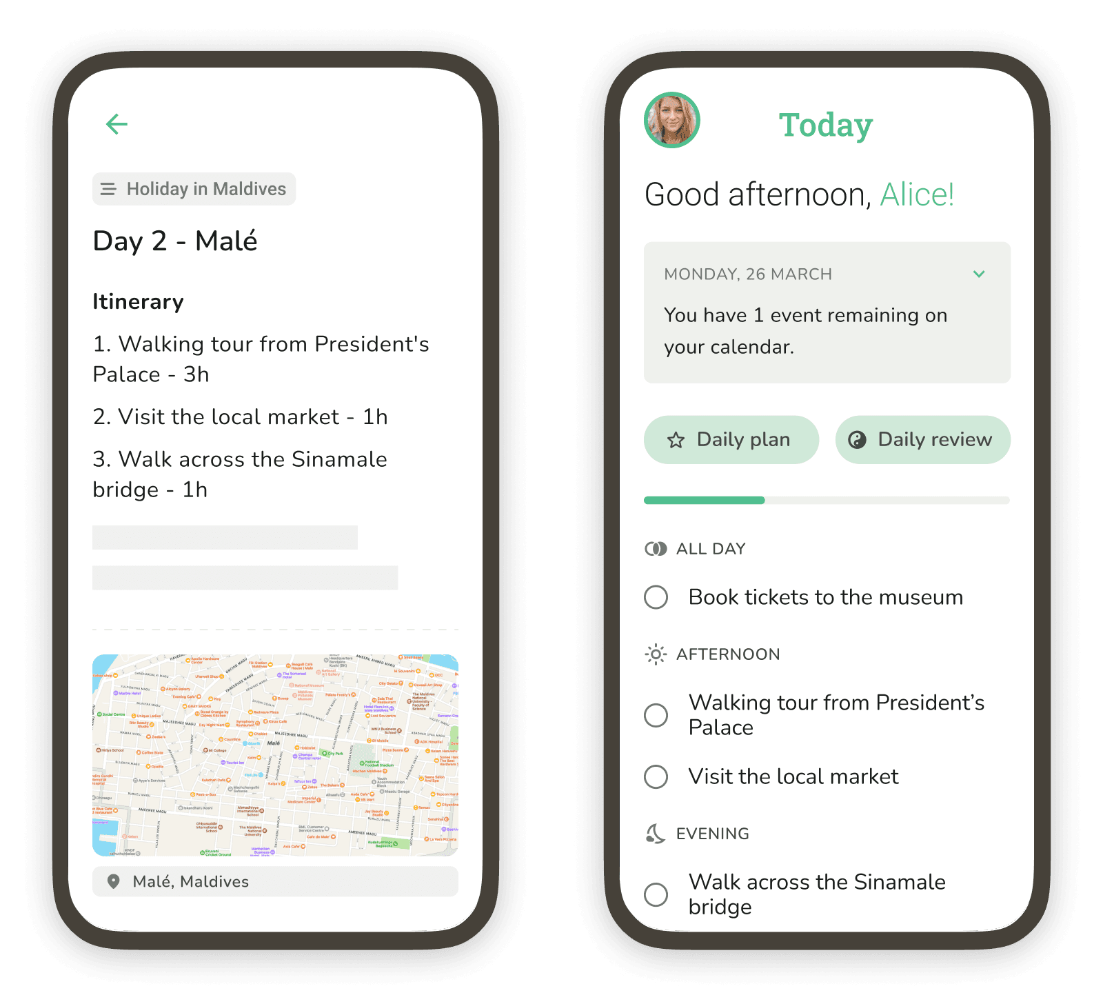 A split-screen image showing a Do Everything note with location pin on one side and the Today tab with scheduled activities on the other.