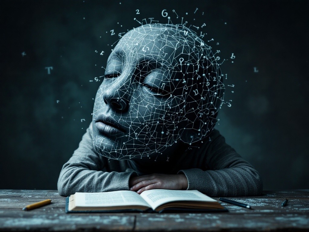 A digital art of a child sleeping on a book with numbers and letters floating around its head.