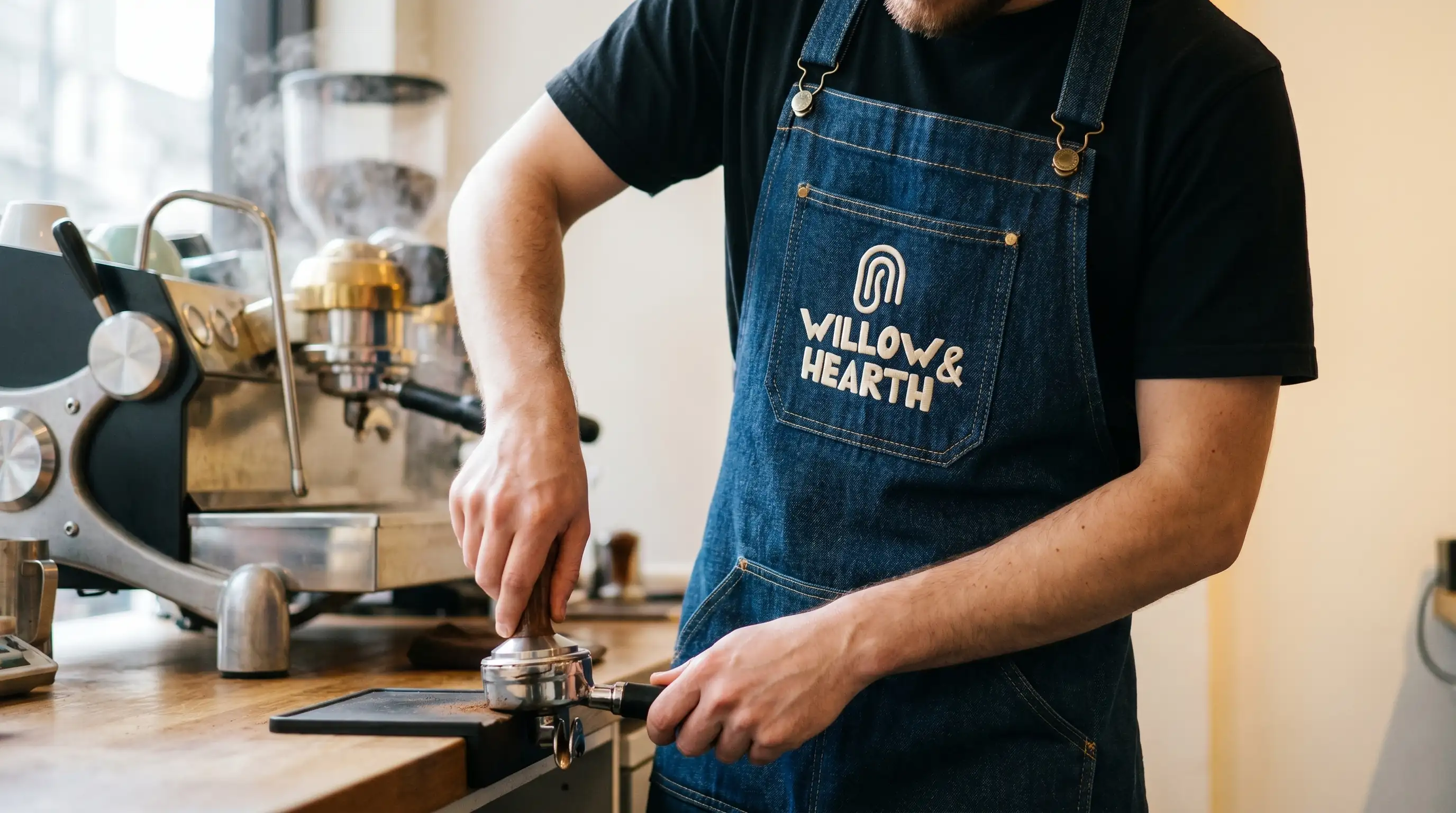 Barista in a denim Willow & Hearth apron making espresso