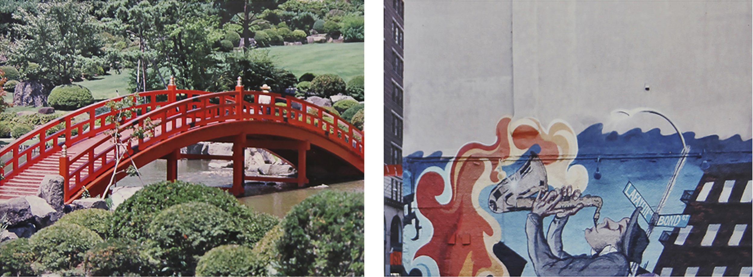 Diptych featuring two photographs: on the left, a bright red arched bridge in a manicured Japanese garden; on the right, a mural of a saxophone player painted on a city wall. The pairing juxtaposes serene natural harmony with expressive urban creativity.