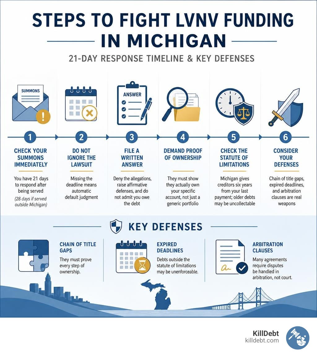 Steps to fight LVNV Funding Michigan: 21-day response timeline and key defenses infographic infographic