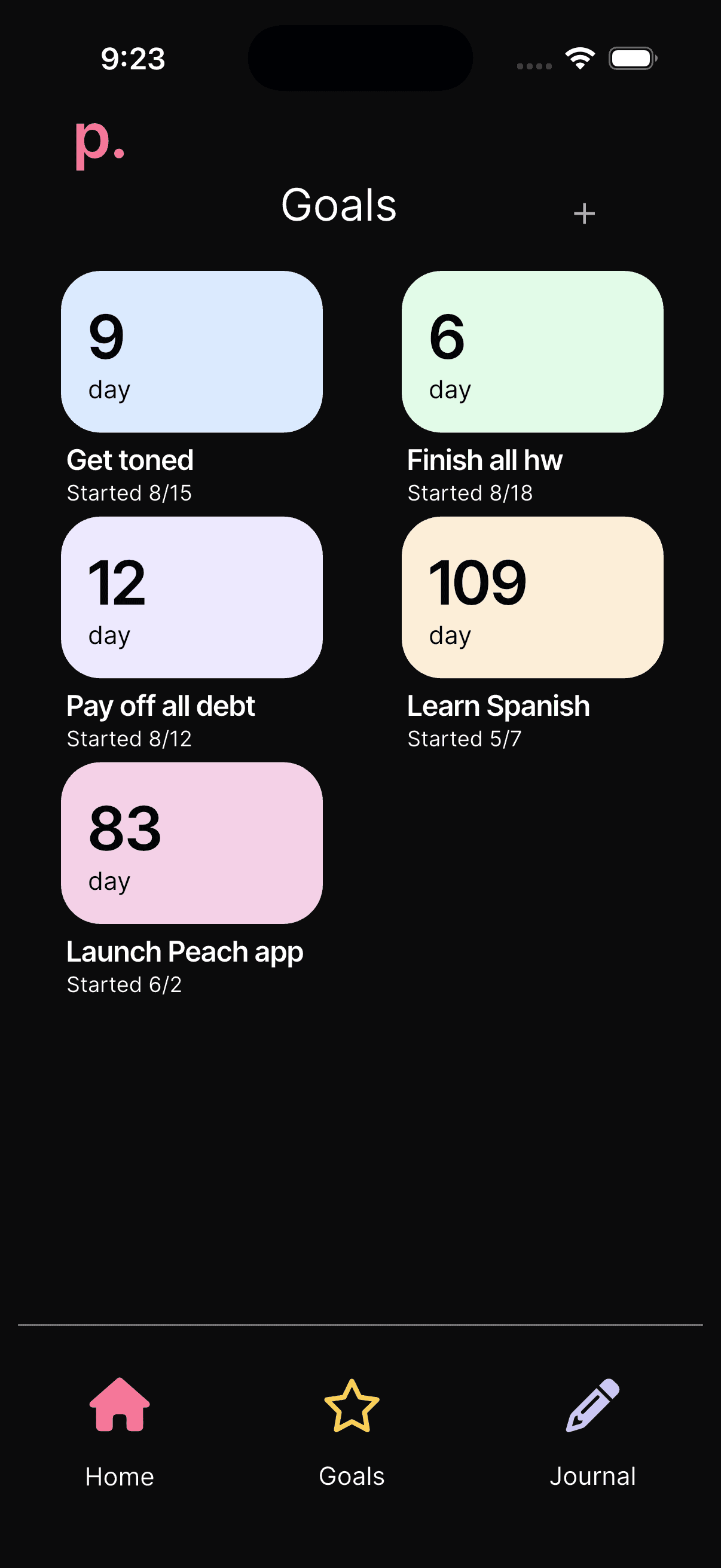 Peach Method goals overview in dark mode
