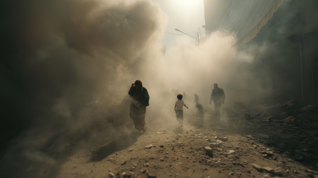 AI-generated dramatic image of people moving through a smoke-filled, debris-covered street, lit by harsh sunlight to create a tense, cinematic environment.
