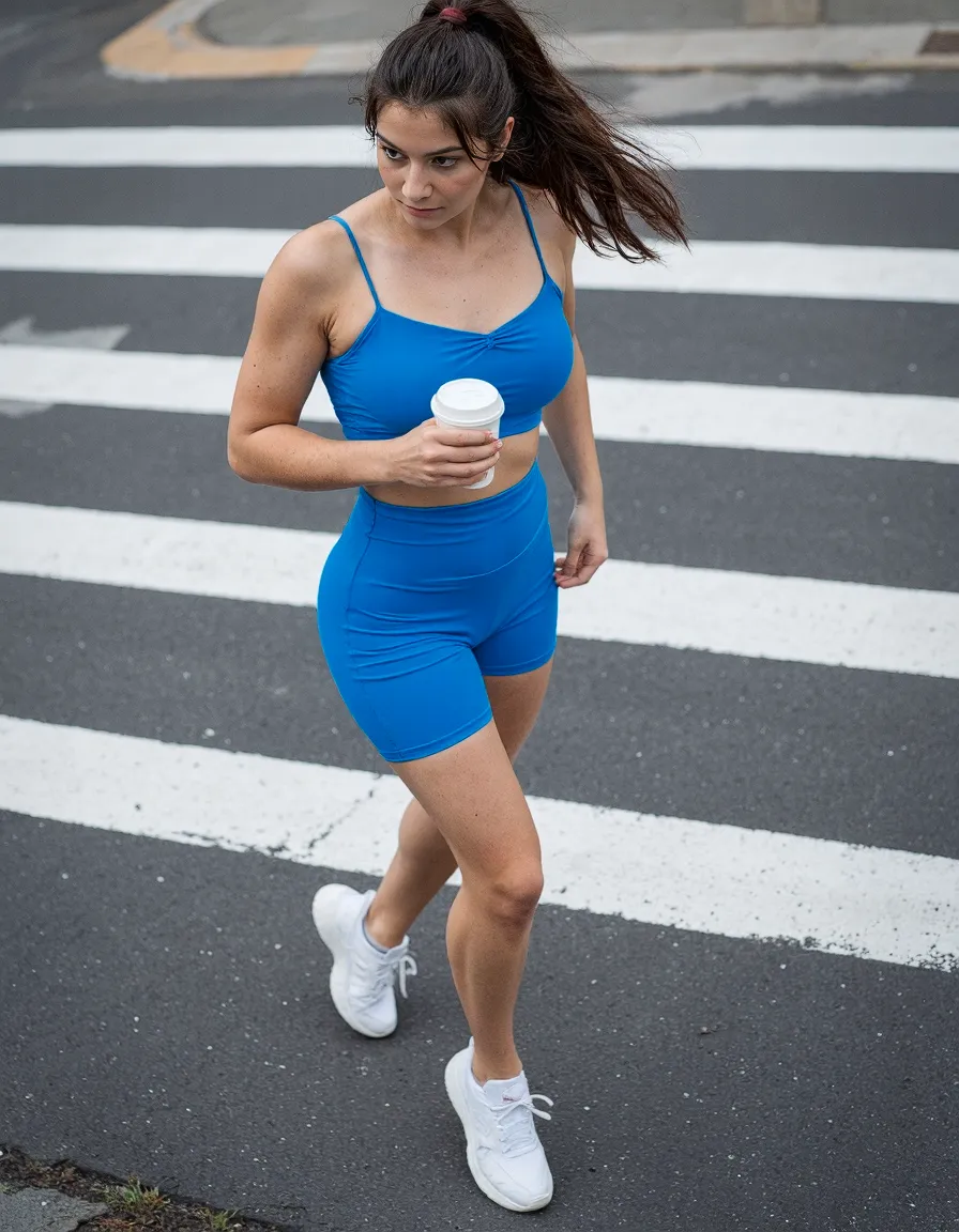 Person in vibrant blue athletic set crossing urban street with coffee cup, wearing white sneakers against city crosswalk