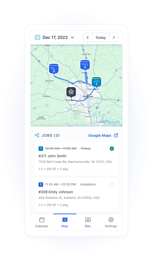Stonify mobile field app showing installer job routes on a map with scheduled pickup and installation jobs.
