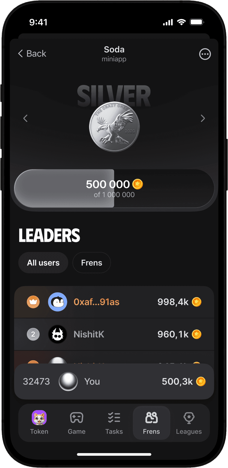 Mobile app screen displaying the user's league status as 'Beginner', with a balance of 393,298 XP out of 1,000,000 needed to enter the next league. The leaderboard shows top users with their XP