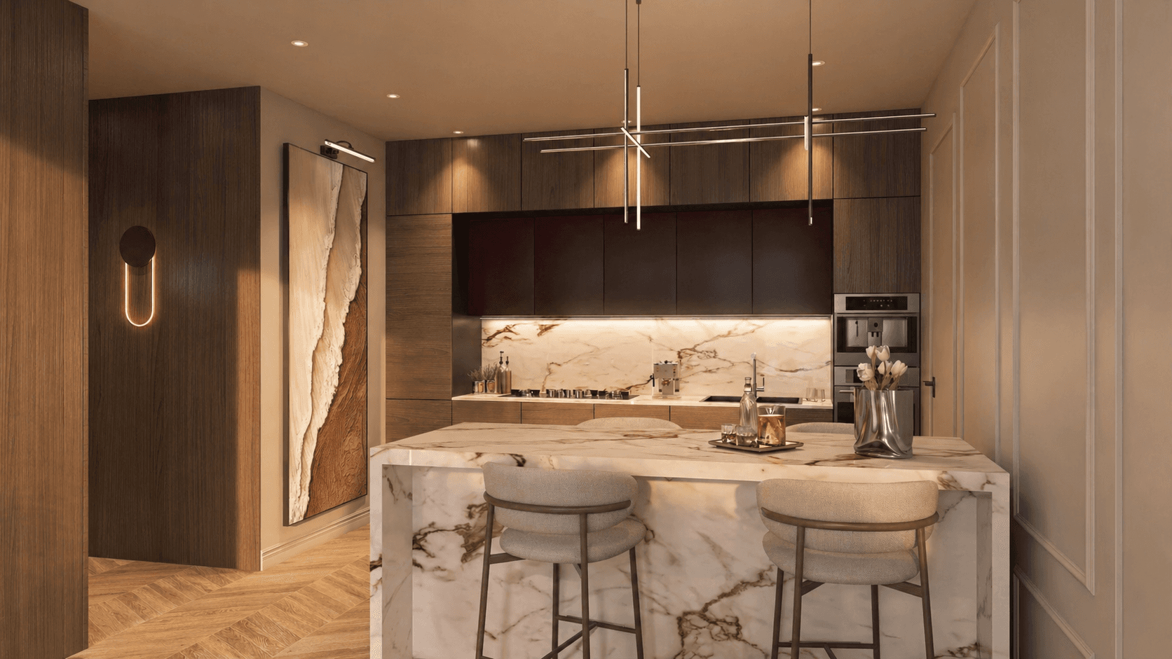 Moderne Küche im zeitlosen Interior Design mit edlen Holzfronten und einer eleganten Marmor-Arbeitsplatte von Rosewood Interiors