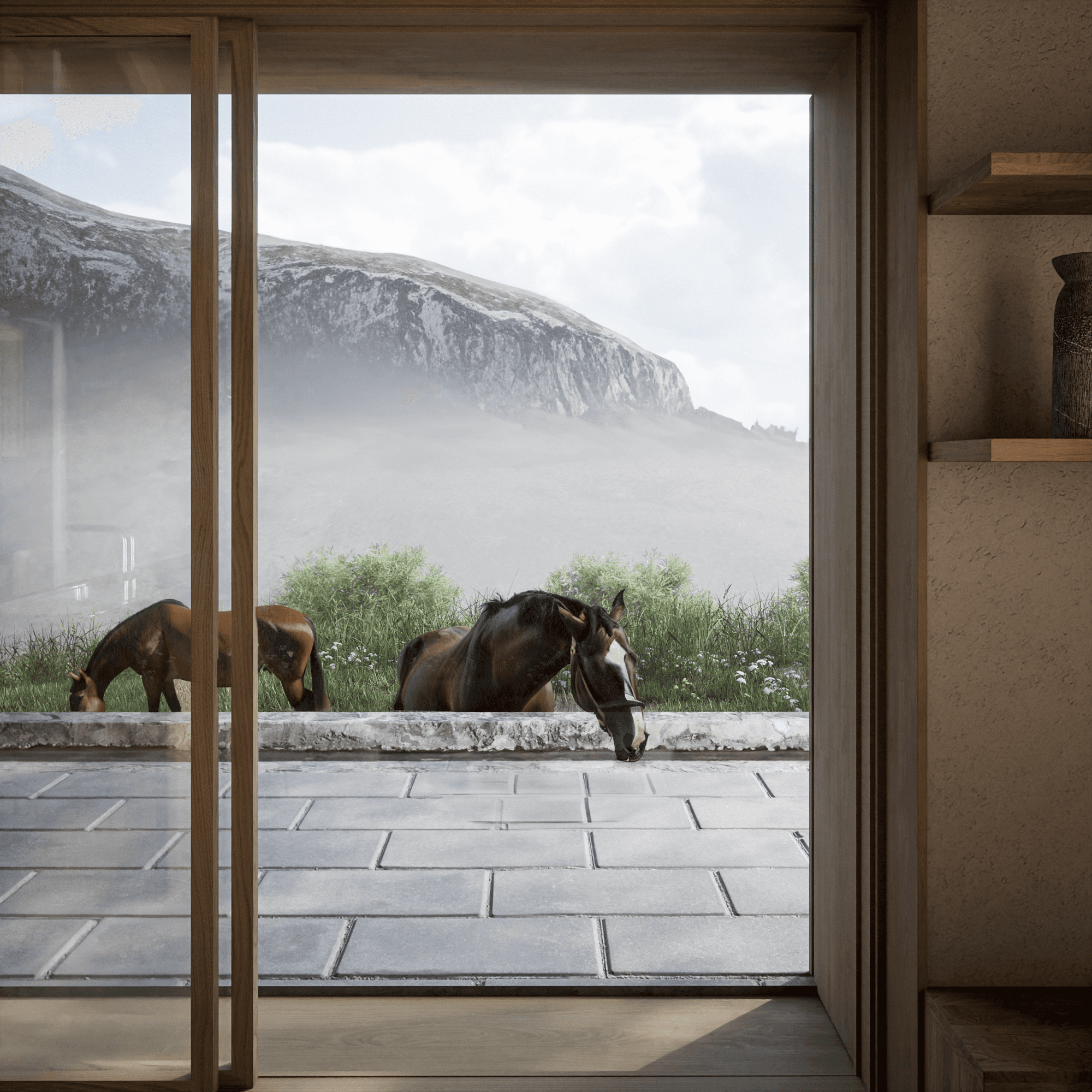 Child walking on a wooden beam with a large tree and swing nearby in a courtyard of modern wooden houses, while another person adjusts a bicycle.