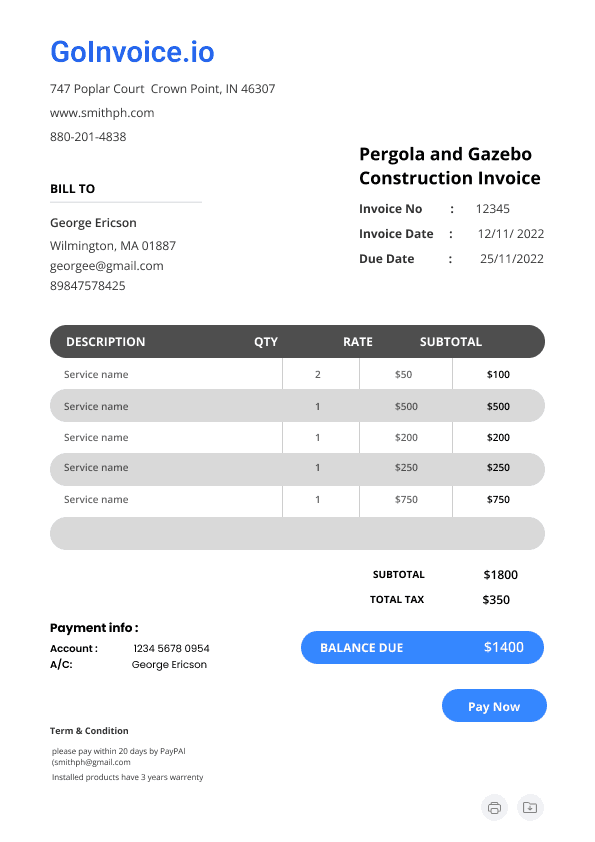 Pergola and Gazebo Construction Invoice