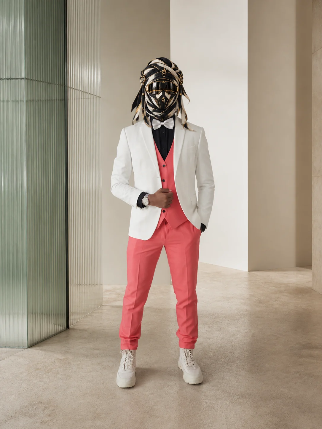Full-length view of Coral Trousers, a white tailored jacket worn with coral trousers and black shoes, with the official Marzelest face covering.