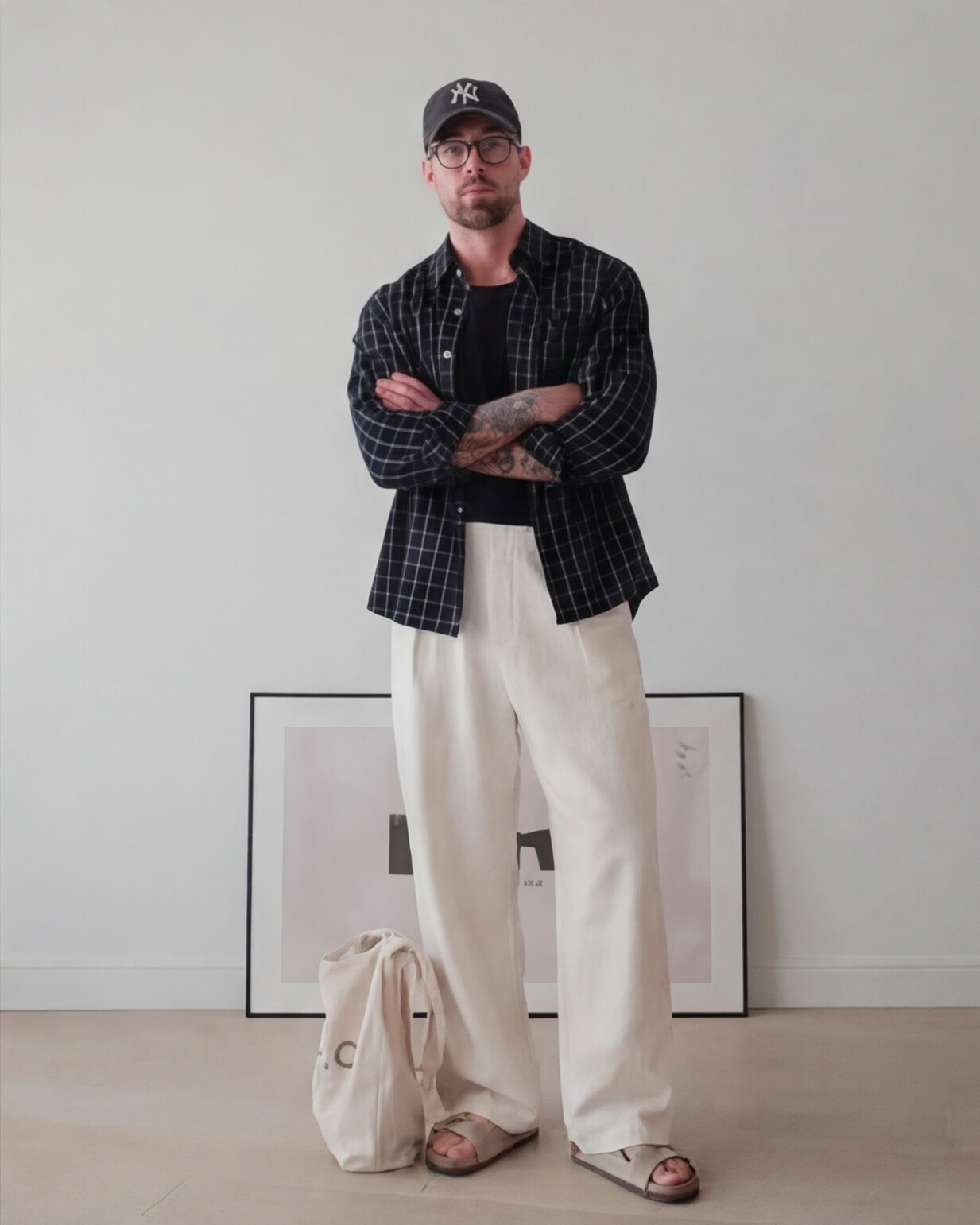 Black Check Shirt with Cream Relaxed Pants