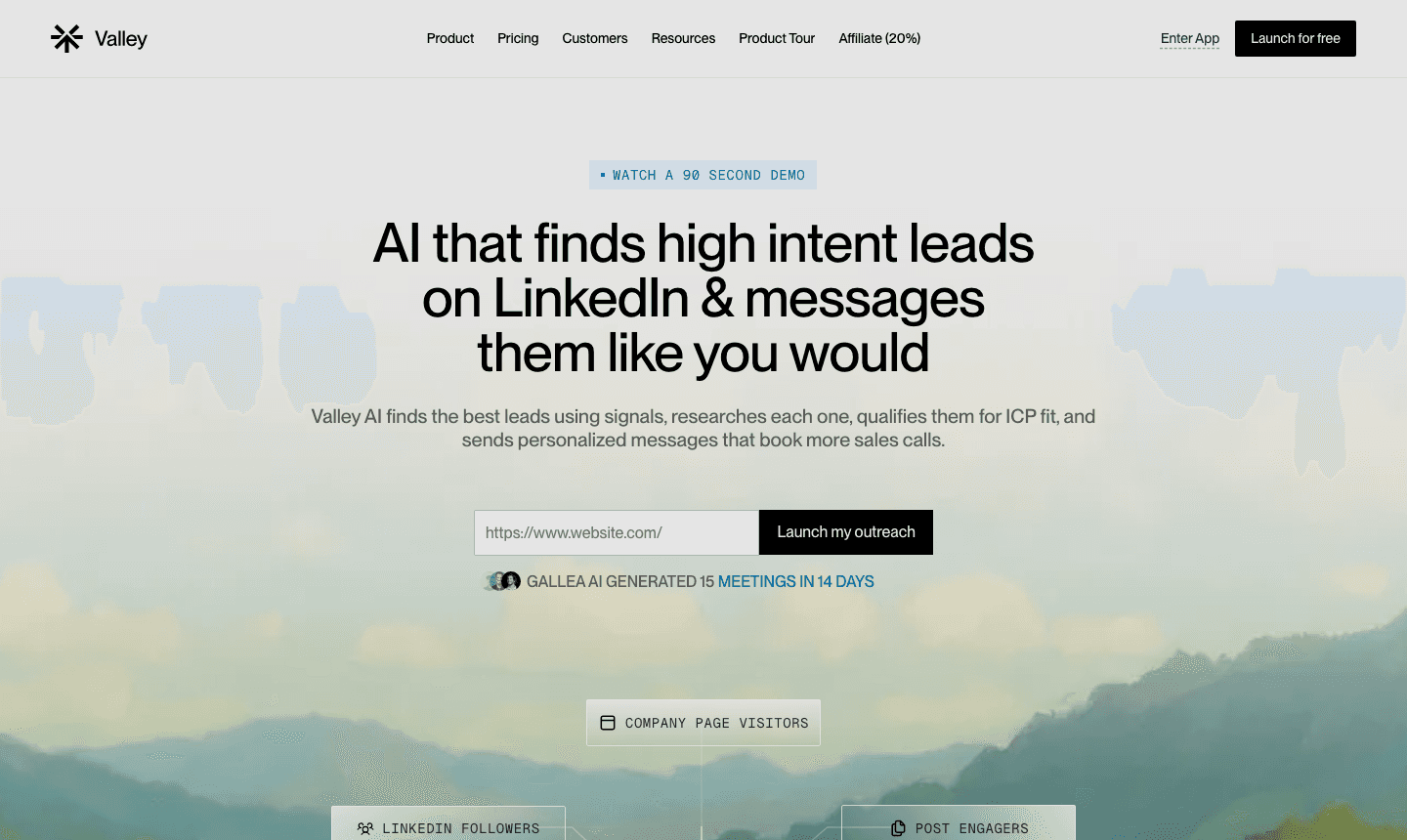 Valley homepage: AI that finds high-intent leads on LinkedIn and messages them like you would (joinvalley.co)