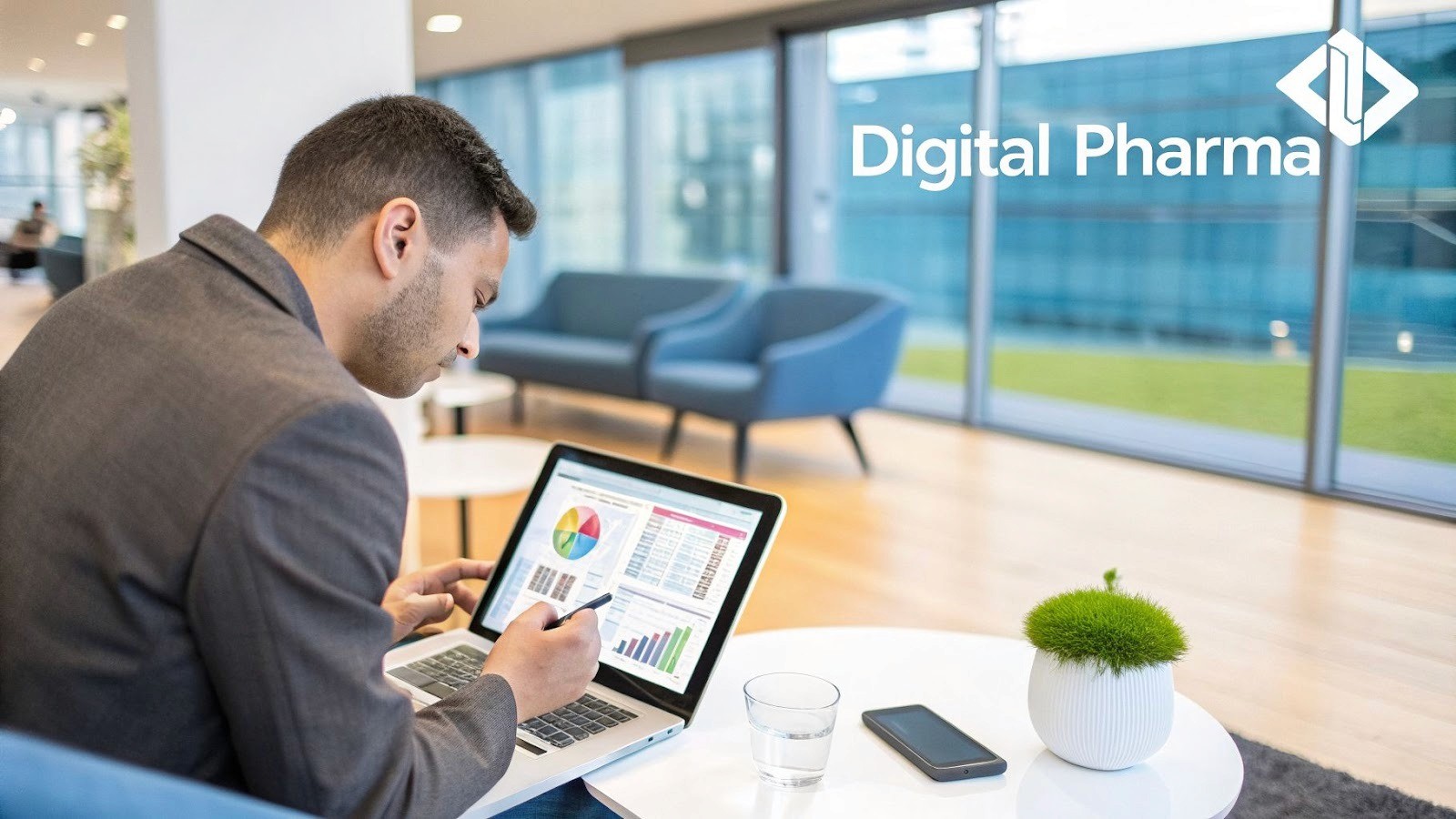 Professional man analyzing digital pharmaceutical data on a laptop in a modern office environment.
