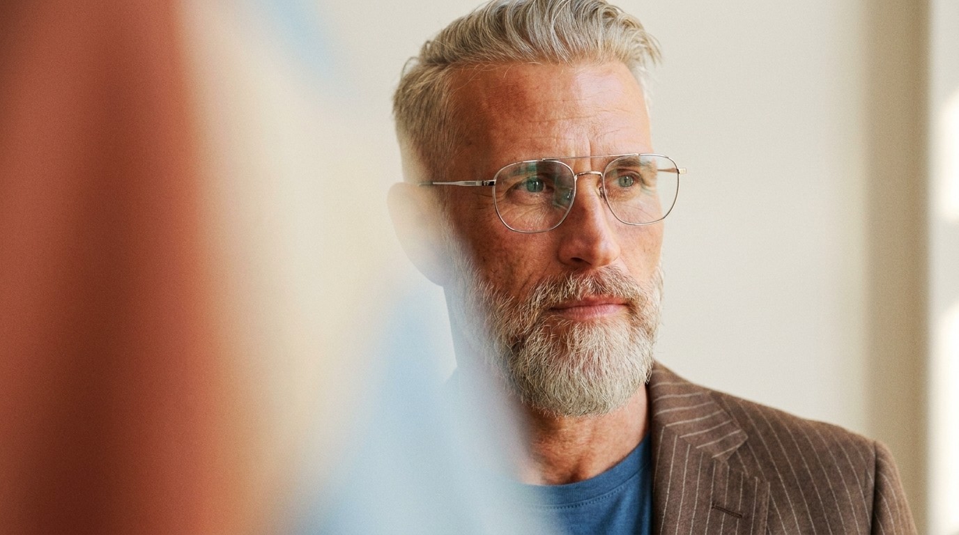 Bearded man in glasses and a checked blazer looking thoughtfully across a sunlit office