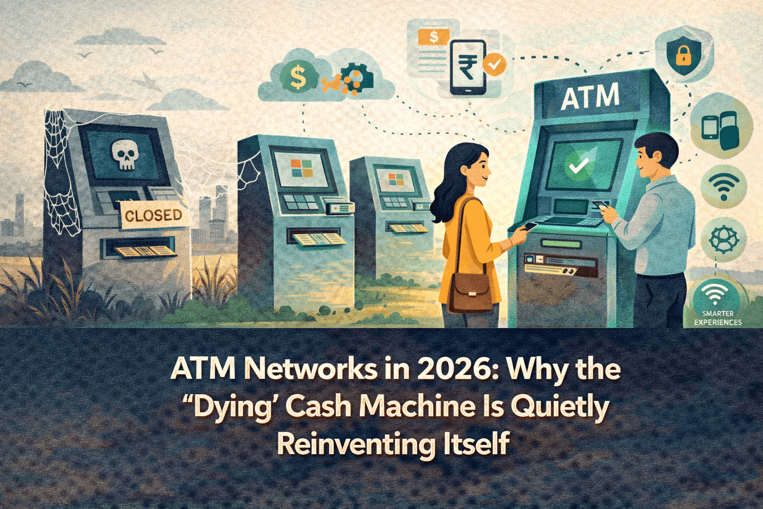 Flat-style digital illustration showing an outdated ATM on the left marked as closed with warning symbols and cobwebs, transitioning to modern, connected ATMs in the center and right. Two people interact with a newer ATM using digital devices, while icons above represent payments, connectivity, security, and innovation. The scene illustrates the evolution of ATM networks from decline to reinvention. The background is light beige with navy, teal, and orange tones, and a solid navy-blue bar at the bottom displays the blog title in bold white text: ‘ATM Networks in 2026: Why the "Dying" Cash Machine Is Quietly Reinventing Itself’.