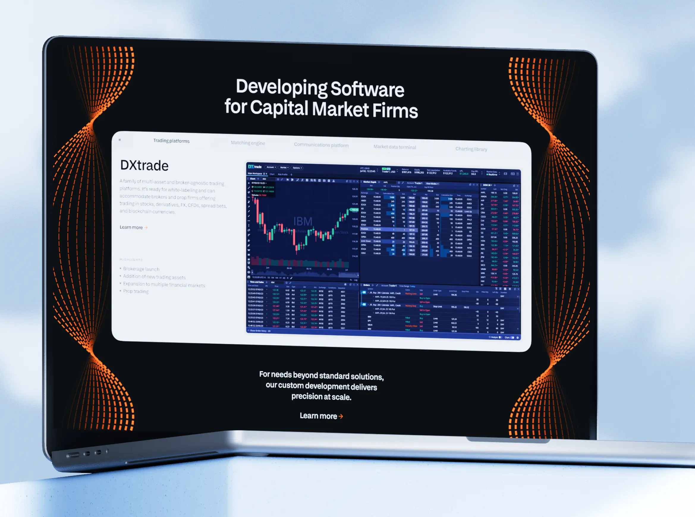 Devexperts website redesign — homepage mock with stats and “Contact sales” CTA