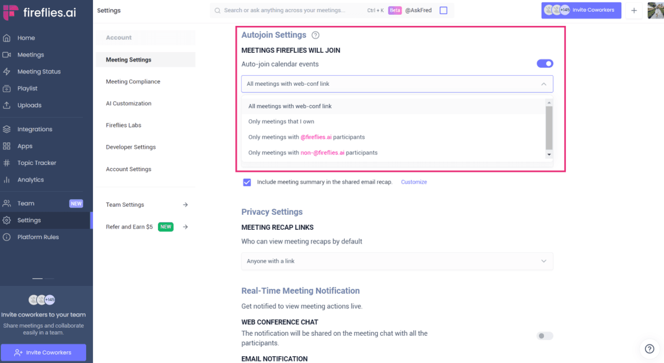 fireflies.ai auto join setup