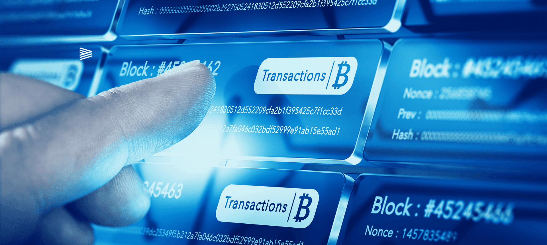 Finger touching digital blockchain transaction blocks - On-Chain Transactions 
