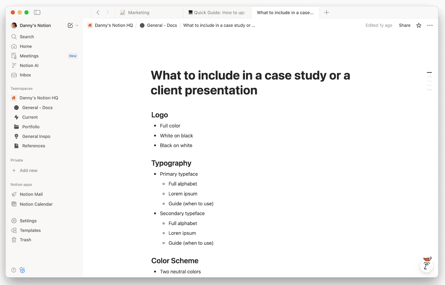 Screenshot of a Notion document titled “What to include in a case study or a client presentation,” with sections for logo, typography, and color scheme displayed in a clean workspace.