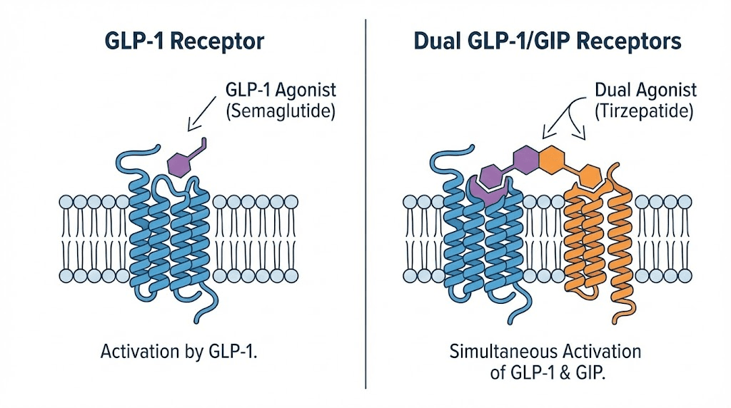 Molecular mechanism comparison showing semaglutide GLP-1 receptor action versus tirzepatide dual GLP-1 and GIP receptor activation for weight loss