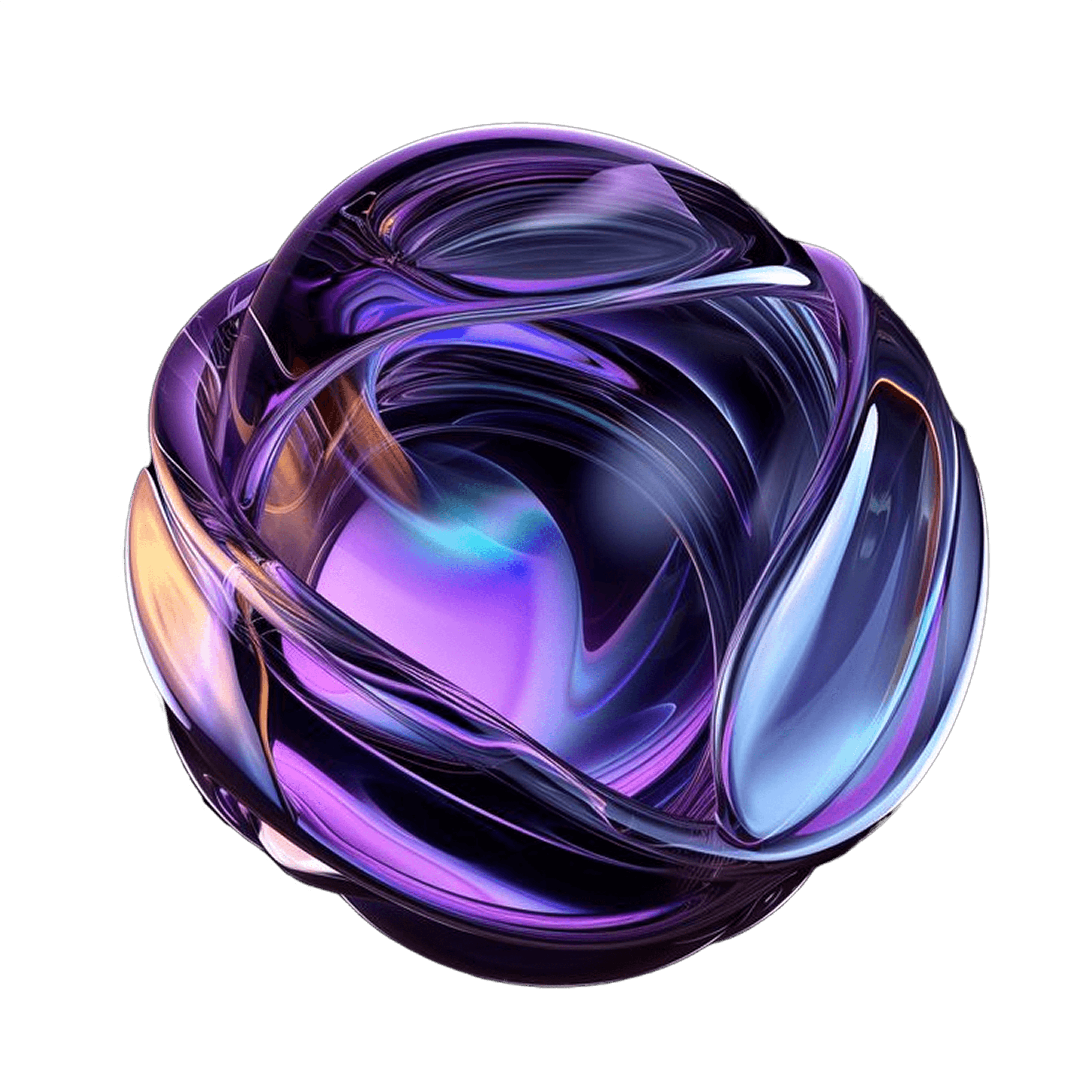 A purple glass ball featuring an intricate blue and purple design, reflecting light in various hues.