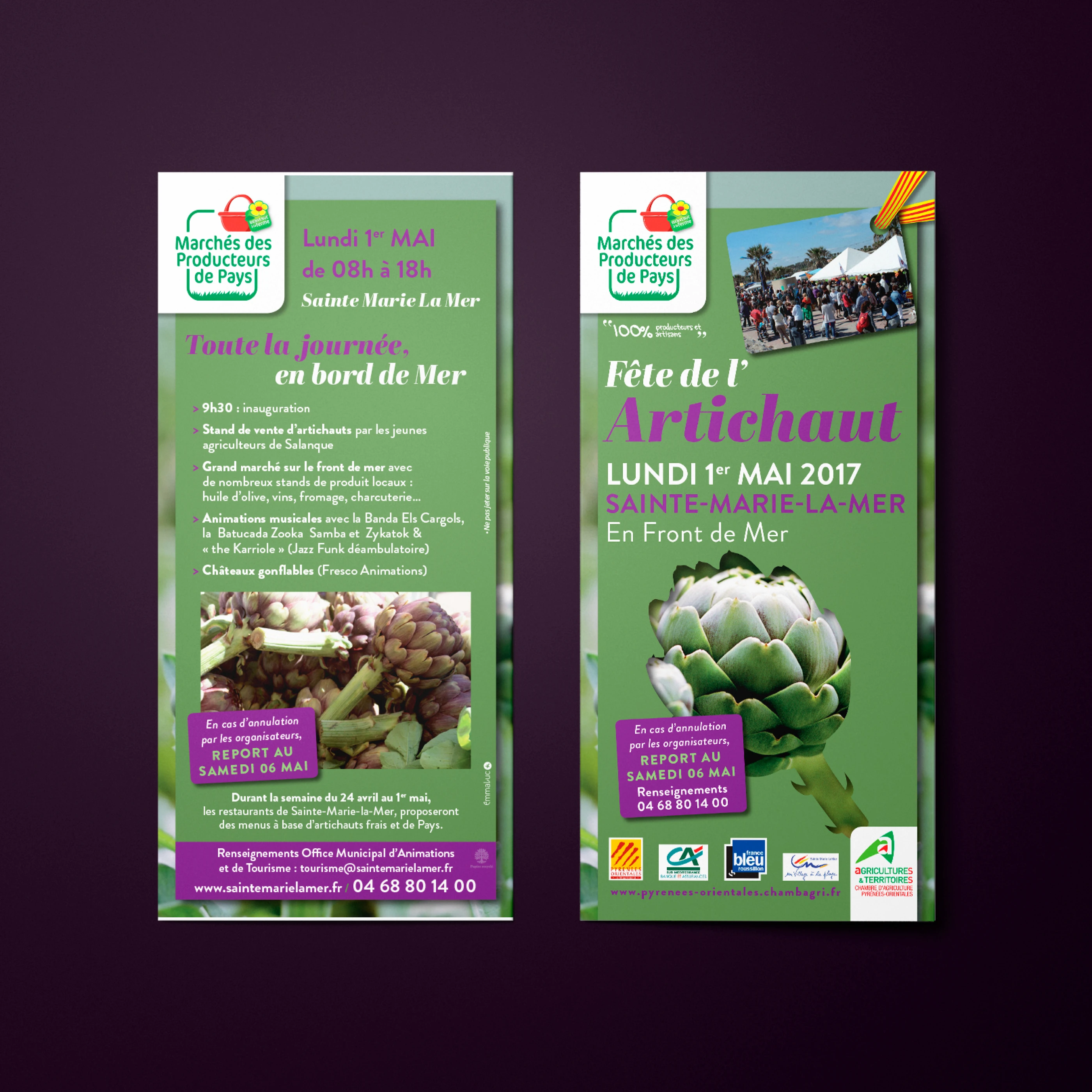 Mise en situation du flyer recto-verso pour la Fête de l'Artichaut à Sainte-Marie-la-Mer, sur fond violet.