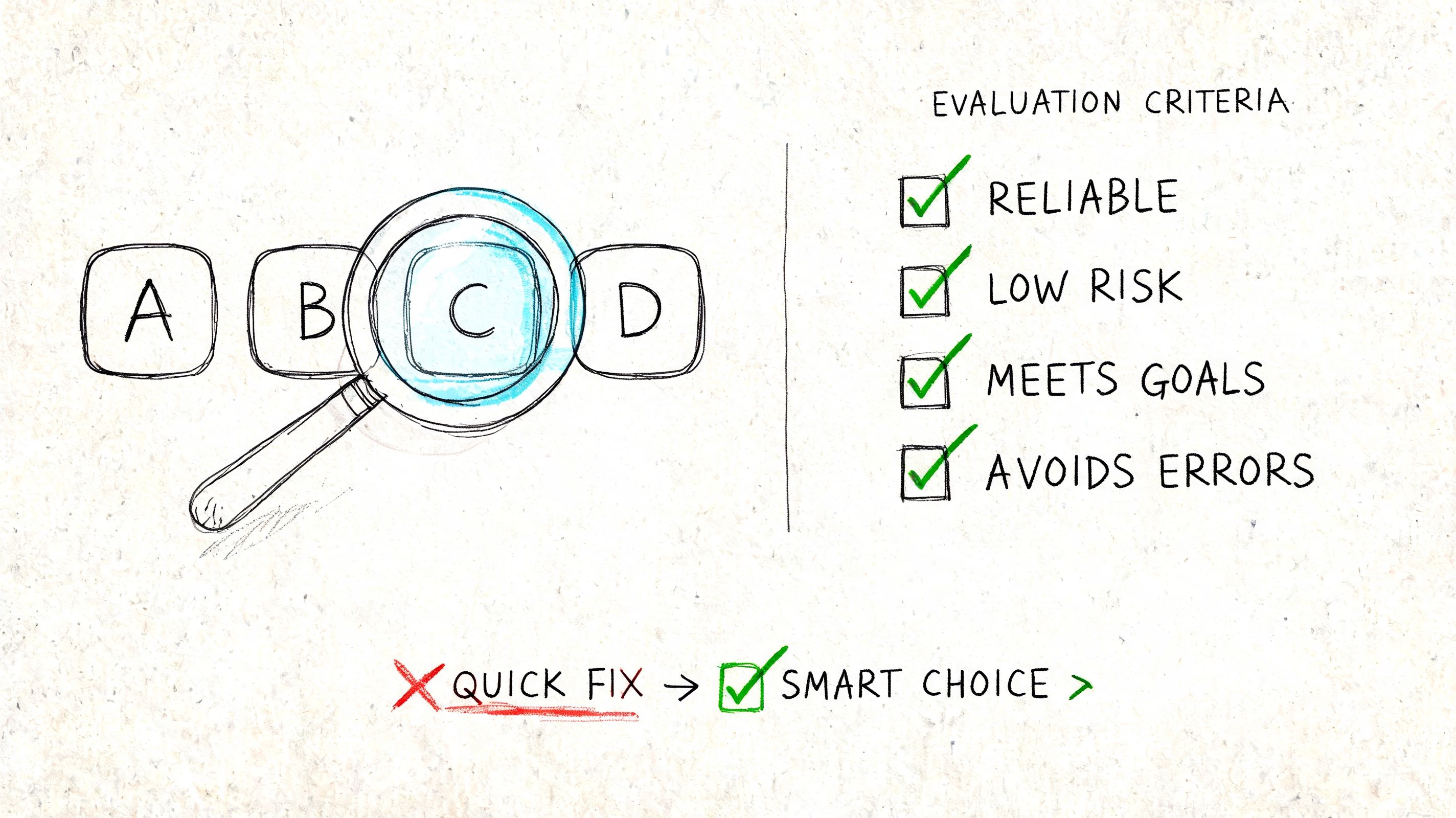 A conceptual sketch showing a magnifying glass focusing on choice C, evaluated against criteria like reliability and risk.