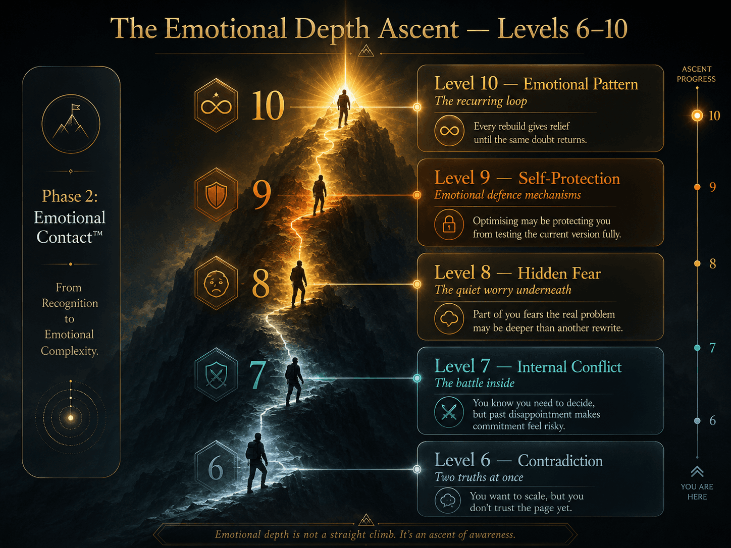 “The Emotional Depth Ascent — Levels 6–10” Concept: A vertical, elegant mountain or depth visualization showing Phase 2 as five ascending levels, each with a distinct color and emotional signature:  Level 6 (Contradiction): “Two truths at once” — Cool grey/blue — “You want to scale, but you don't trust the page yet.”  Level 7 (Internal Conflict): “The battle inside” — Soft teal — “You know you need to decide, but past disappointment makes commitment feel risky.”  Level 8 (Hidden Fear): “The quiet worry underneath” — Warm amber — “Part of you fears the real problem may be deeper than another rewrite.”  Level 9 (Self-Protection): “Emotional defence mechanisms” — Deep orange — “Optimising may be protecting you from testing the current version fully.”  Level 10 (Emotional Pattern): “The recurring loop” — Glowing bright gold — “Every rebuild gives relief until the same doubt returns.”  A small silhouette ascends from Level 6 to Level 10. At each level, a thin beam of light illuminates the emotional insight. A label on the side: “Phase 2: Emotional Contact™ — From Recognition to Emotional Complexity.”  Style: Architectural mountain/depth visualization meets luxury UI. Dark charcoal background, glass-morphism, gradient from cool grey/blue to bright gold. Thin gold connecting lines. The silhouette is minimalist, elegant.  Interaction: Hovering any level expands a detailed explanation of that level, including the psychological principle, buyer reaction, and example. Clicking the level zooms into a focused view with the fill-in worksheet. A slider lets the user “ascend” from Level 6 to Level 10, watching the messaging progressively deepen in emotional complexity.