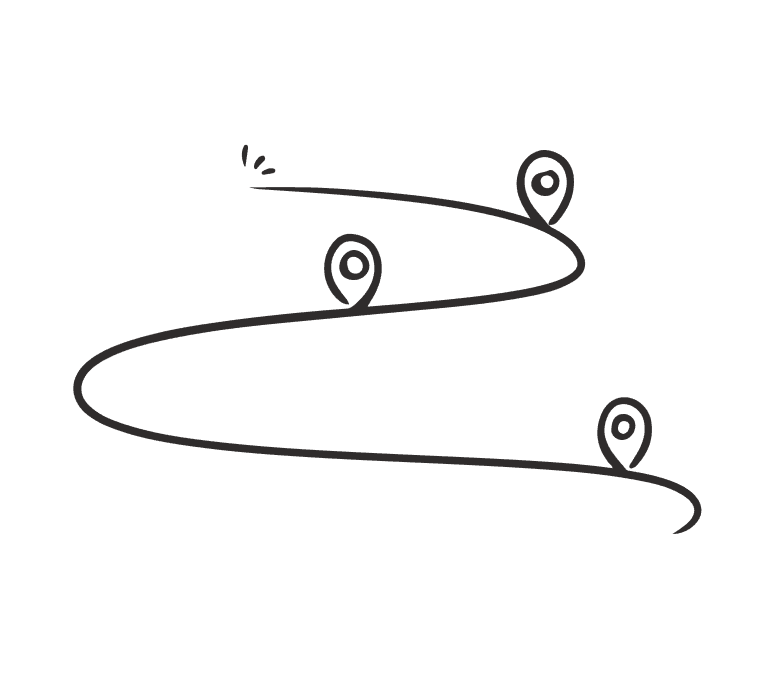 A black and white drawing depicting a winding path alongside a detailed map.