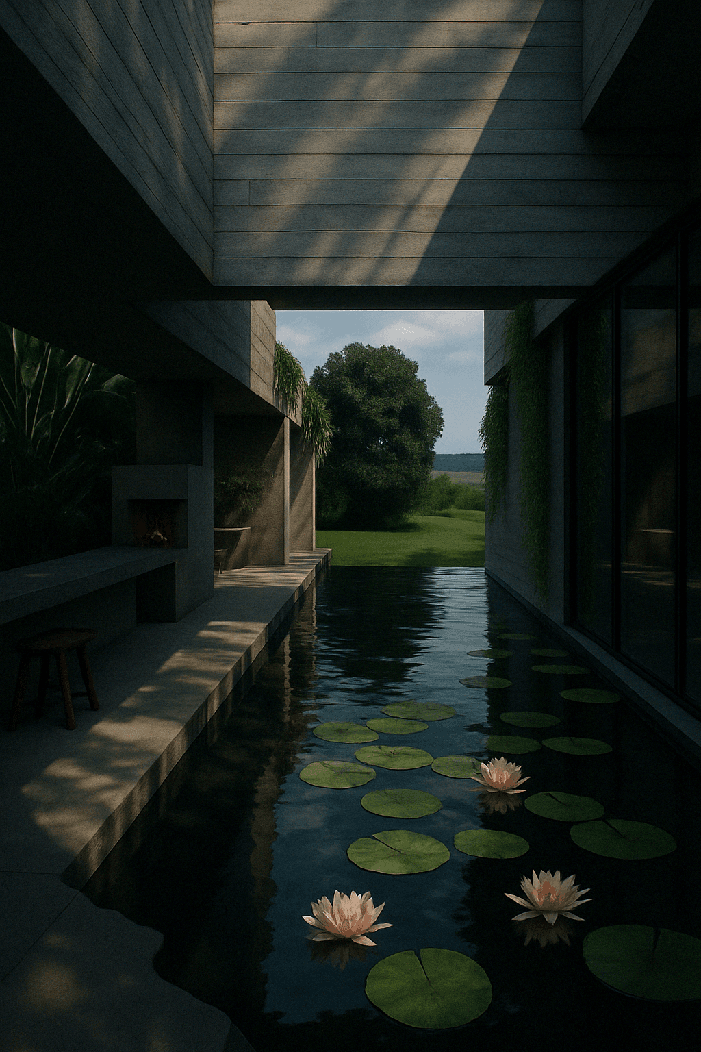 Brutalist courtyard with concrete overhangs, water lilies and rural Belgian landscape — designed by ODA Architecture