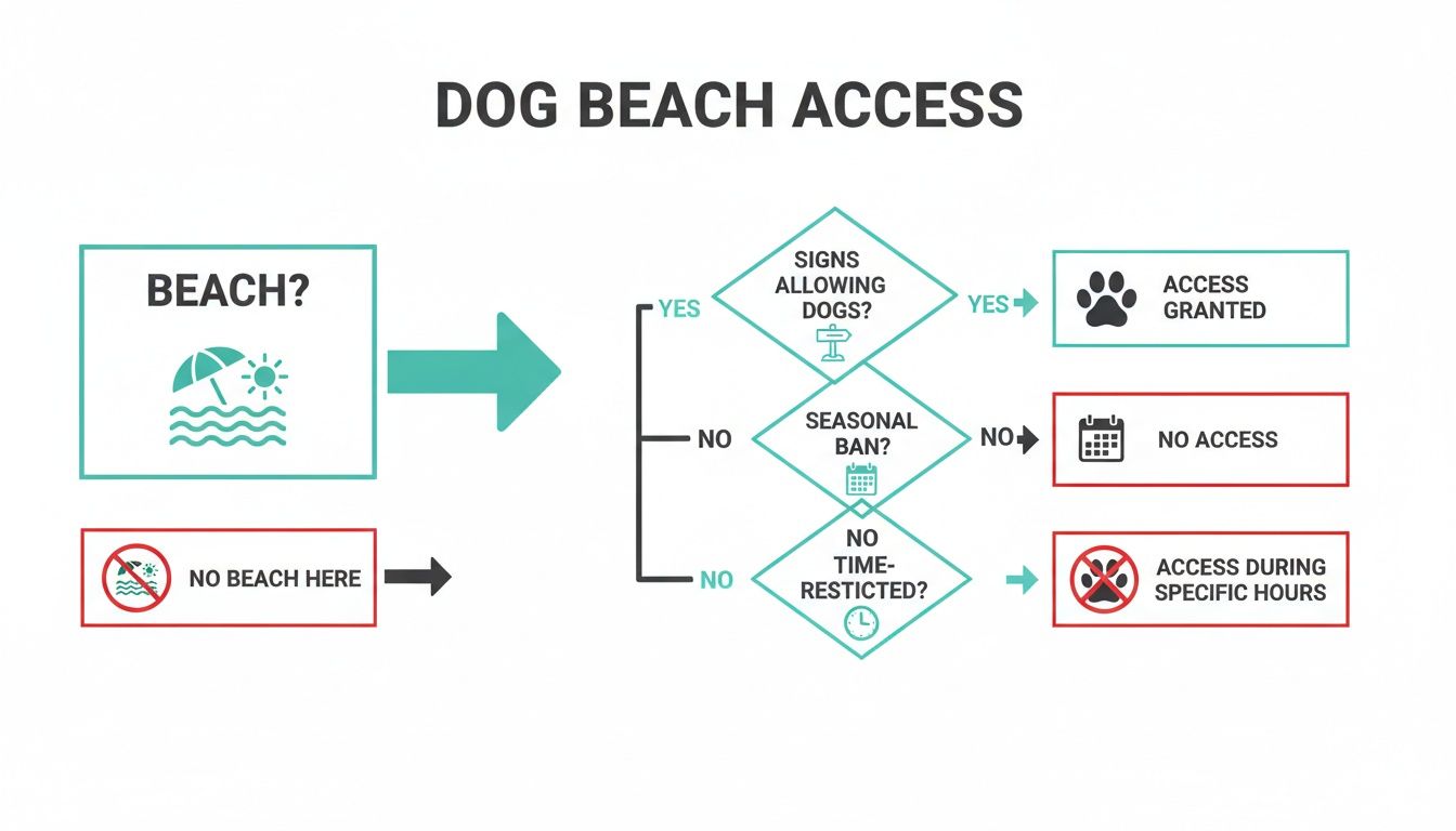 Flowchart illustrating the decision process for dog access to beaches based on signs, seasons, and time restrictions.