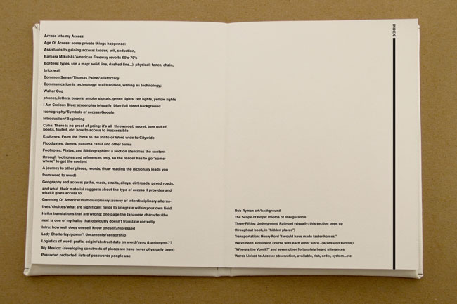 The image shows an open book resting on a light brown surface. The book's pages are white, and the text is black ink. The left page displays a table of contents or index with entries related to access, age, and content. The right page contains text organized into sections including “Age Of Access,” “Assistants to gaining access,” “Barbara Milowski,” “Common Sense,” “Communication in technology,” and others. The right page also includes text under “The Scope of Hope: Photos of Integration” and “Throughput book: “hidden places””. A vertical black line runs along the right edge of the book’s right page.