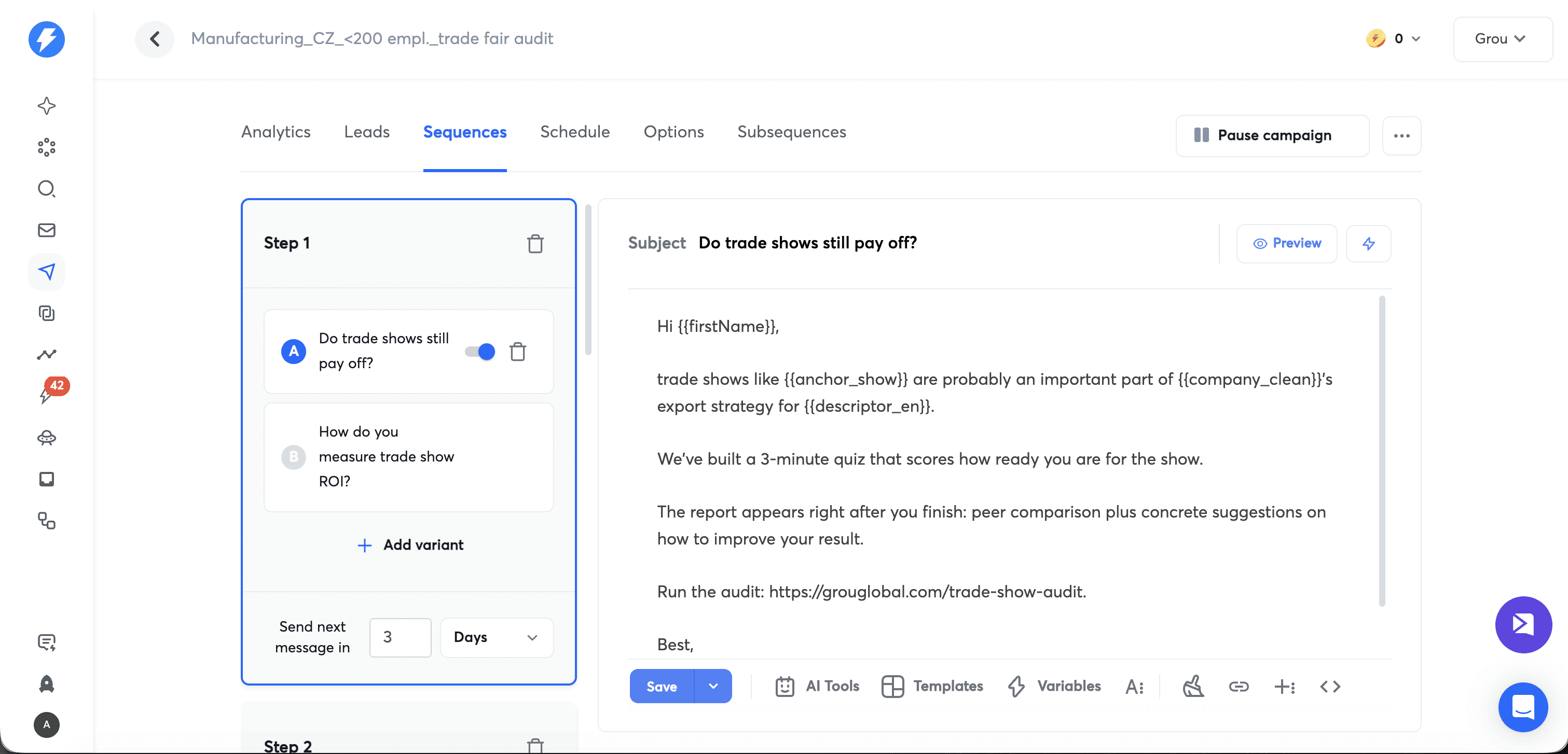 Instantly review sequence builder with multi-step campaign, A/B testing, conditional logic, and AI personalization.
